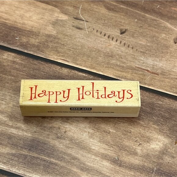2001 HERO ARTS HAPPY HOLIDAYS WOOD MOUNTED RUBBER STAMP - Picture 1 of 3